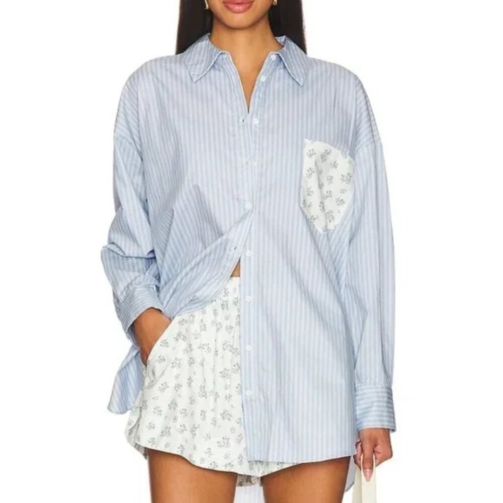 NWT FOR LOVE AND LEMONS TAMREN BLUE STRIPE BUTTON UP SHIRT TOP #4 SIZE S - Picture 2 of 7